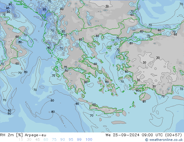 RH 2m Arpege-eu śro. 25.09.2024 09 UTC