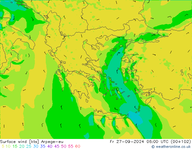 Wind 10 m Arpege-eu vr 27.09.2024 06 UTC