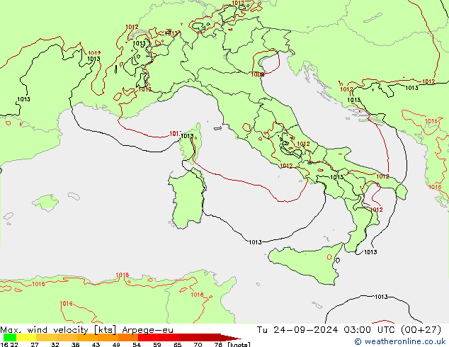 Max. wind velocity Arpege-eu Út 24.09.2024 03 UTC