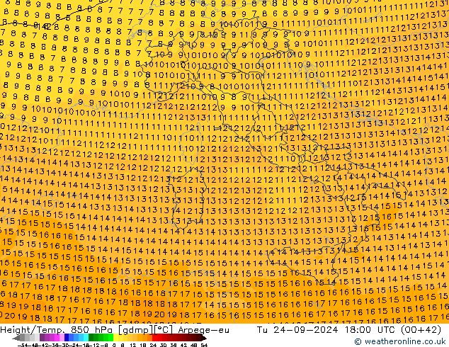 Height/Temp. 850 hPa Arpege-eu Tu 24.09.2024 18 UTC