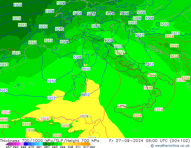 Thck 700-1000 hPa Arpege-eu pt. 27.09.2024 06 UTC