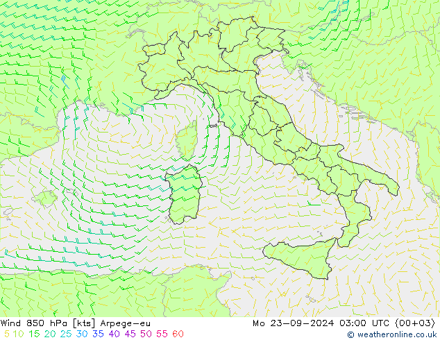 Wind 850 hPa Arpege-eu Mo 23.09.2024 03 UTC