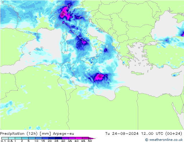 Precipitation (12h) Arpege-eu Tu 24.09.2024 00 UTC