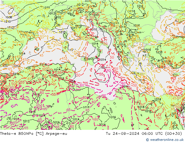 Theta-e 850hPa Arpege-eu Sa 24.09.2024 06 UTC