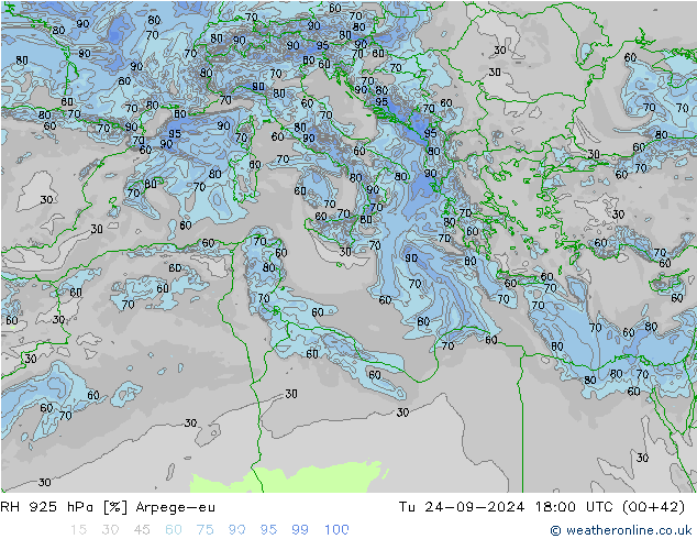 Humidité rel. 925 hPa Arpege-eu mar 24.09.2024 18 UTC