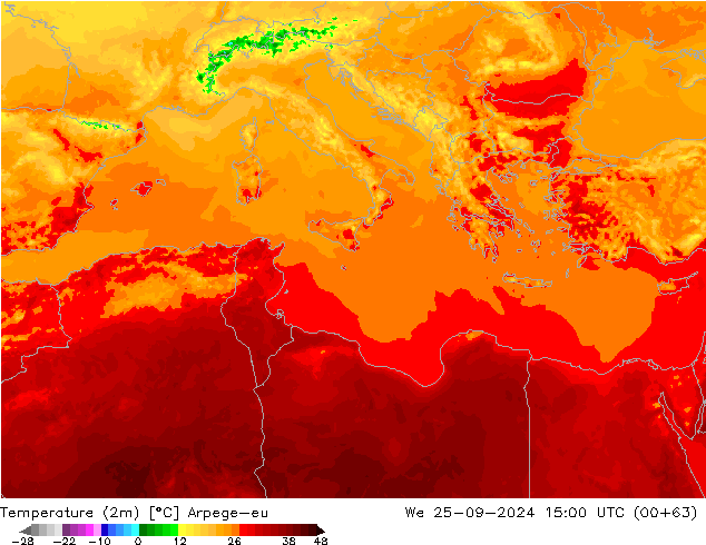 Sıcaklık Haritası (2m) Arpege-eu Çar 25.09.2024 15 UTC