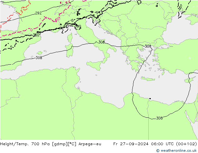 Géop./Temp. 700 hPa Arpege-eu ven 27.09.2024 06 UTC