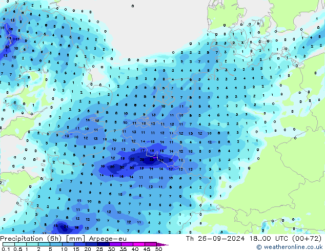 Précipitation (6h) Arpege-eu jeu 26.09.2024 00 UTC