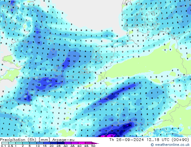 Precipitation (6h) Arpege-eu Th 26.09.2024 18 UTC