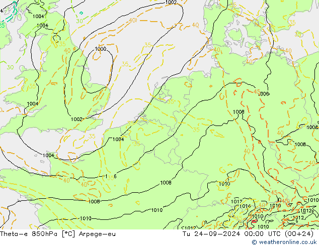 Theta-e 850hPa Arpege-eu Tu 24.09.2024 00 UTC