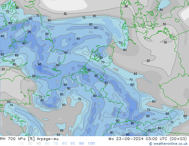 RH 700 hPa Arpege-eu Mo 23.09.2024 03 UTC