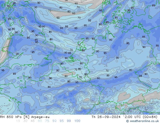 RH 850 hPa Arpege-eu Th 26.09.2024 12 UTC