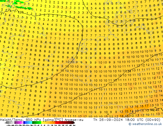 Géop./Temp. 850 hPa Arpege-eu jeu 26.09.2024 18 UTC