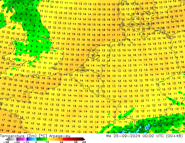 Sıcaklık Haritası (2m) Arpege-eu Çar 25.09.2024 00 UTC