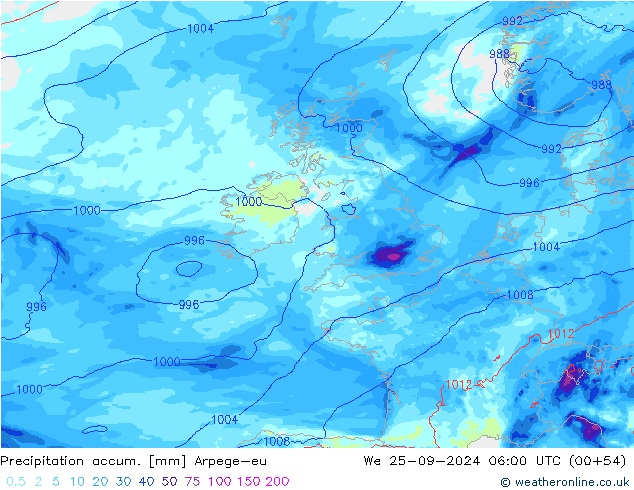 Precipitation accum. Arpege-eu St 25.09.2024 06 UTC