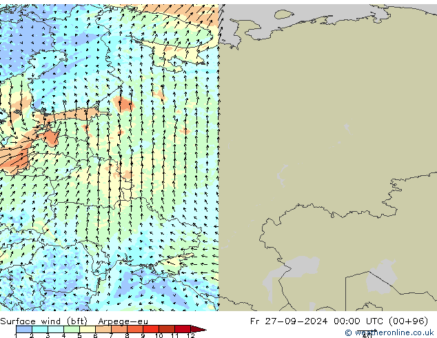 Viento 10 m (bft) Arpege-eu vie 27.09.2024 00 UTC