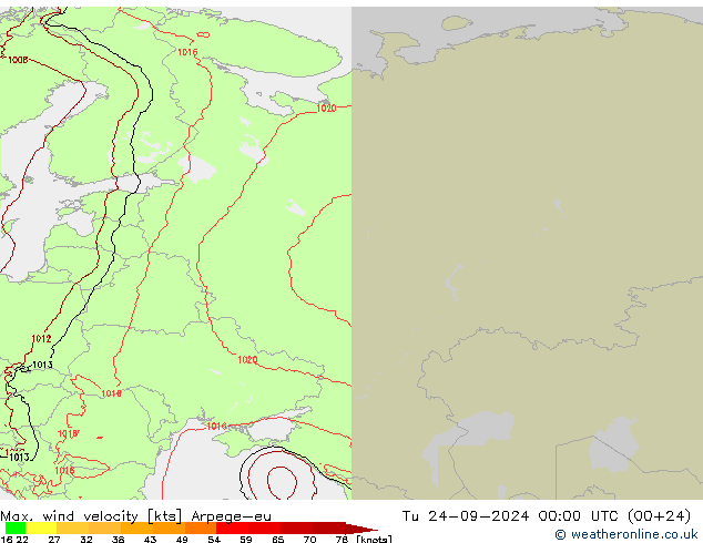 Max. wind velocity Arpege-eu вт 24.09.2024 00 UTC