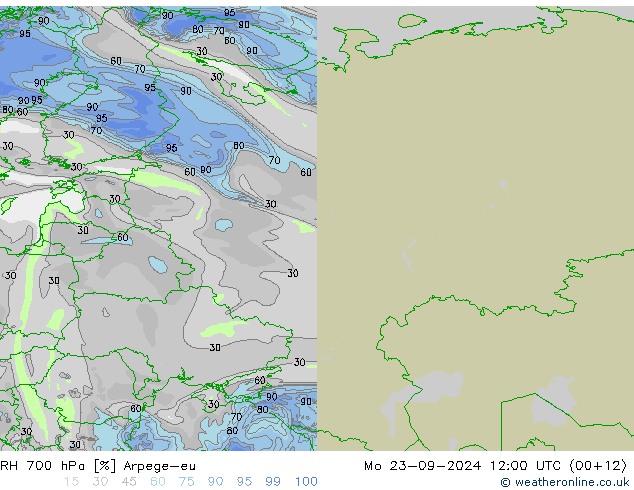 RH 700 hPa Arpege-eu Seg 23.09.2024 12 UTC