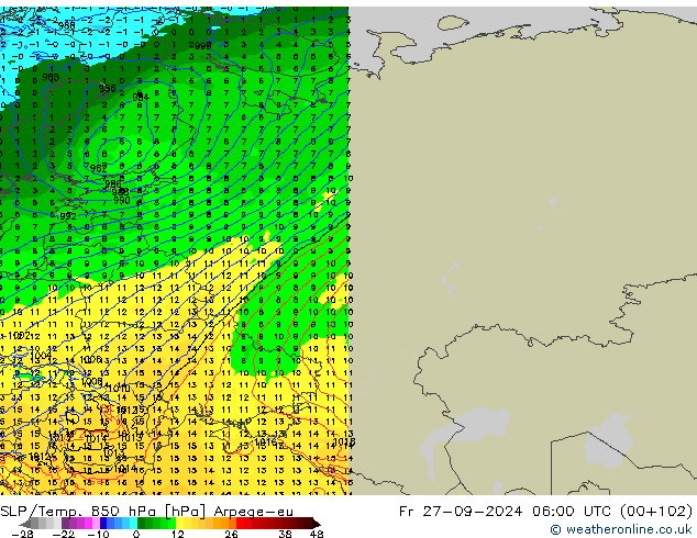 SLP/Temp. 850 hPa Arpege-eu Fr 27.09.2024 06 UTC