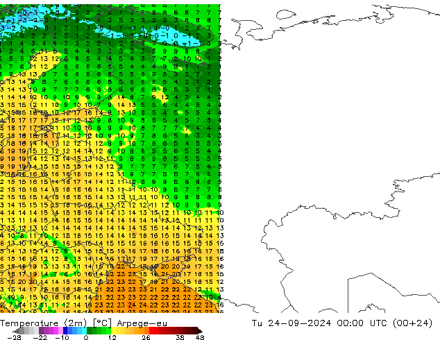 mapa temperatury (2m) Arpege-eu wto. 24.09.2024 00 UTC