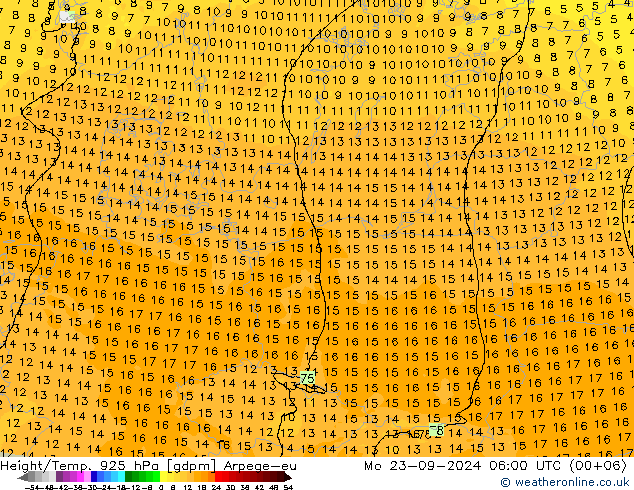 Height/Temp. 925 hPa Arpege-eu Mo 23.09.2024 06 UTC