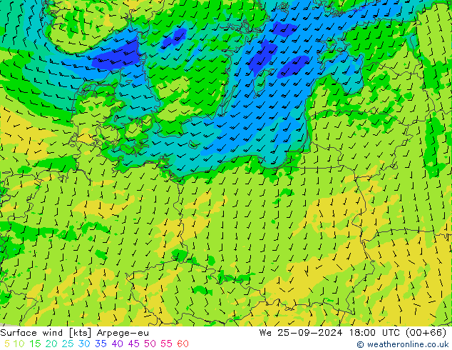 Viento 10 m Arpege-eu mié 25.09.2024 18 UTC