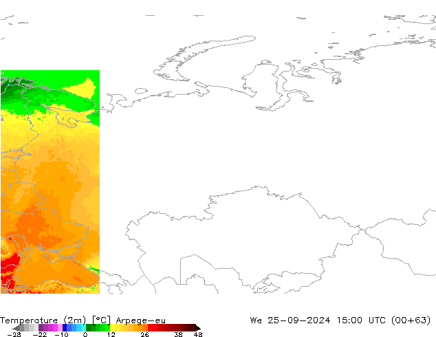 Temperatuurkaart (2m) Arpege-eu wo 25.09.2024 15 UTC