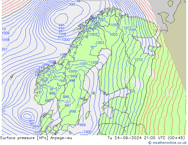 Surface pressure Arpege-eu Tu 24.09.2024 21 UTC