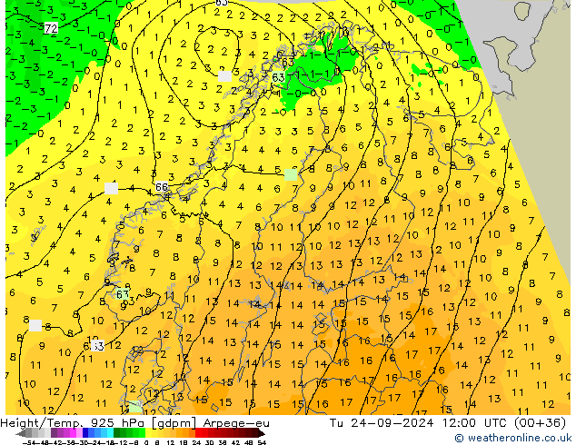 Height/Temp. 925 hPa Arpege-eu mar 24.09.2024 12 UTC