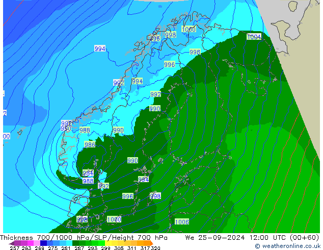 Thck 700-1000 hPa Arpege-eu We 25.09.2024 12 UTC