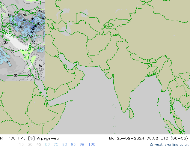 RH 700 hPa Arpege-eu Mo 23.09.2024 06 UTC