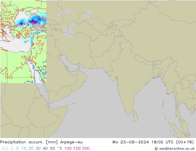 Precipitation accum. Arpege-eu Mo 23.09.2024 18 UTC