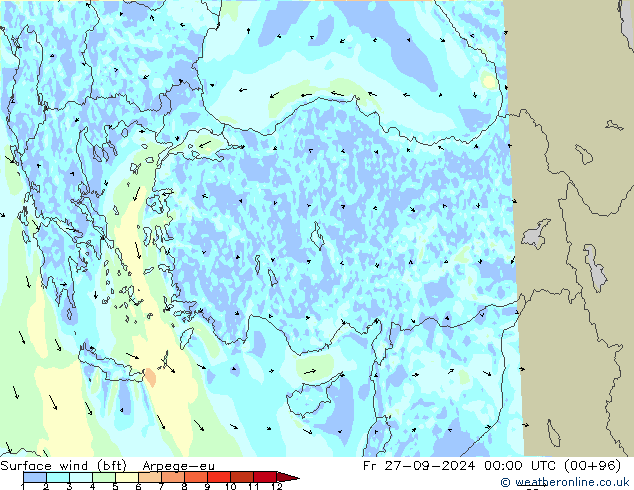 Surface wind (bft) Arpege-eu Fr 27.09.2024 00 UTC