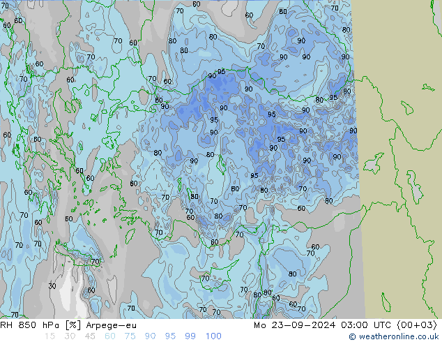 RH 850 hPa Arpege-eu Seg 23.09.2024 03 UTC