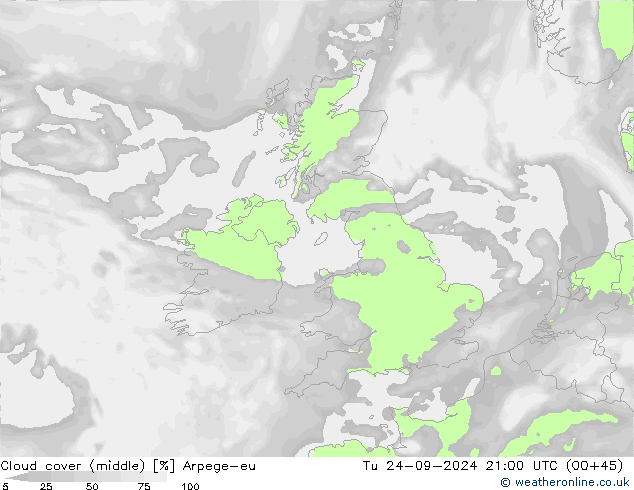 Cloud cover (middle) Arpege-eu Tu 24.09.2024 21 UTC