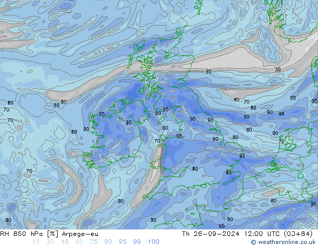 Humidité rel. 850 hPa Arpege-eu jeu 26.09.2024 12 UTC