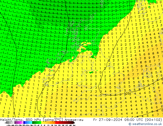 Height/Temp. 850 hPa Arpege-eu Sex 27.09.2024 06 UTC