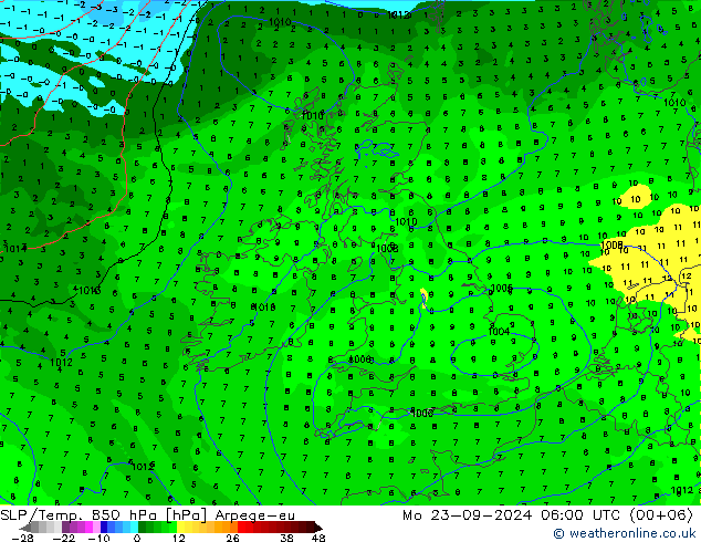 SLP/Temp. 850 гПа Arpege-eu пн 23.09.2024 06 UTC