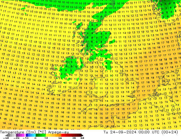 Temperaturkarte (2m) Arpege-eu Di 24.09.2024 00 UTC