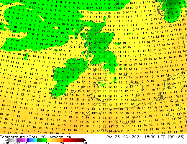 mapa temperatury (2m) Arpege-eu śro. 25.09.2024 18 UTC