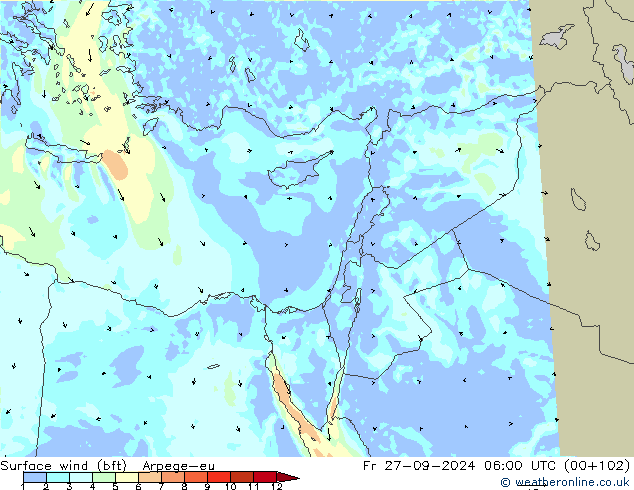 Surface wind (bft) Arpege-eu Fr 27.09.2024 06 UTC