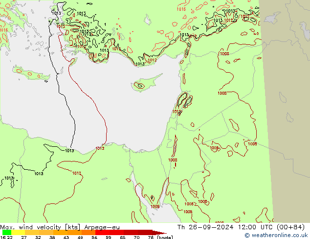 Max. wind velocity Arpege-eu Čt 26.09.2024 12 UTC