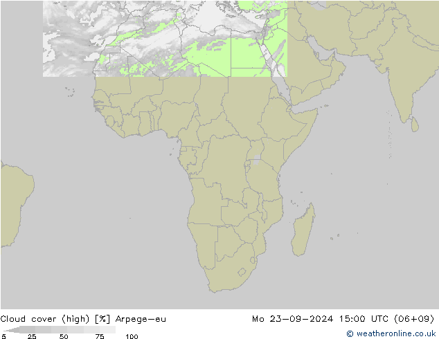 Cloud cover (high) Arpege-eu Mo 23.09.2024 15 UTC