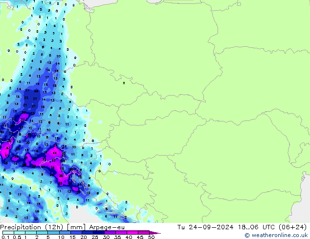 Precipitation (12h) Arpege-eu Tu 24.09.2024 06 UTC