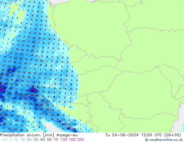 Precipitation accum. Arpege-eu Tu 24.09.2024 12 UTC