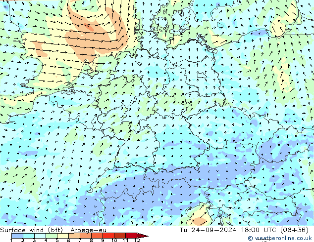 Wind 10 m (bft) Arpege-eu di 24.09.2024 18 UTC