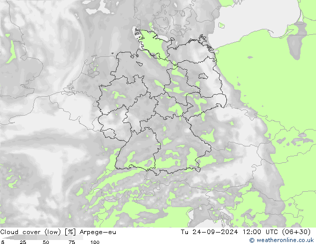 Cloud cover (low) Arpege-eu Tu 24.09.2024 12 UTC