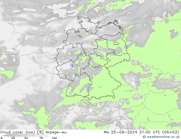 Cloud cover (low) Arpege-eu We 25.09.2024 21 UTC