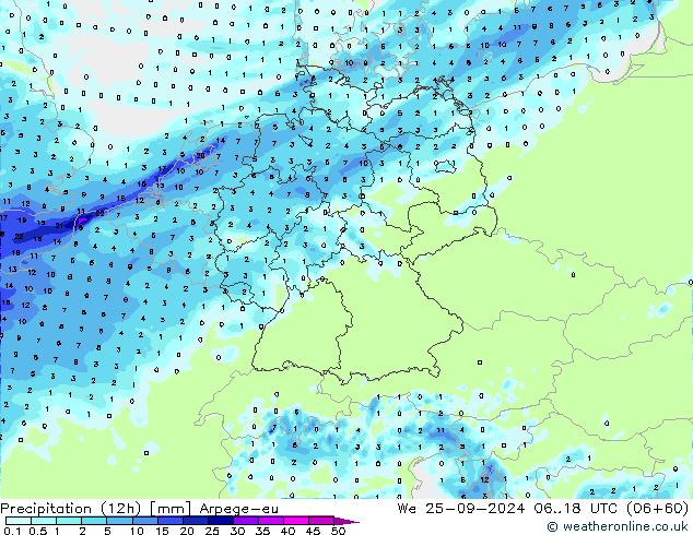 Precipitazione (12h) Arpege-eu mer 25.09.2024 18 UTC