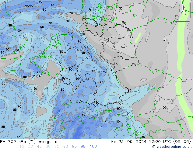 RH 700 hPa Arpege-eu 星期一 23.09.2024 12 UTC